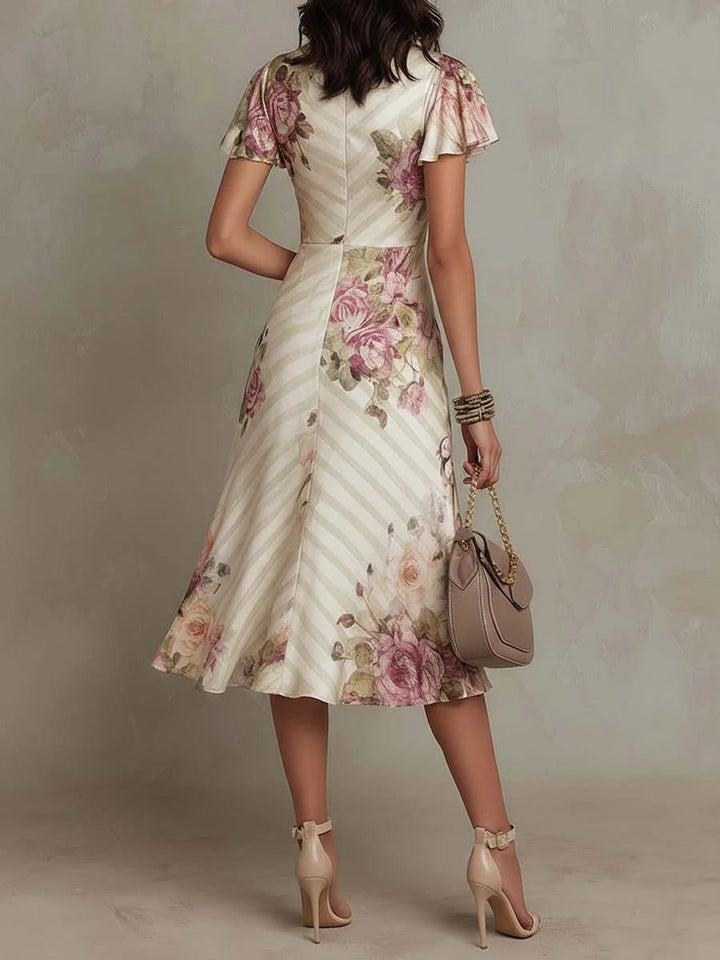 Alba Essential - Elegant Retro Floral Satin Midi Dress ✨