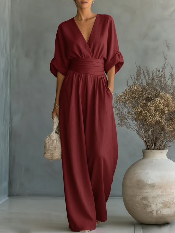 ESSENTIAL - Chic V-Neck High-Waisted Jumpsuit