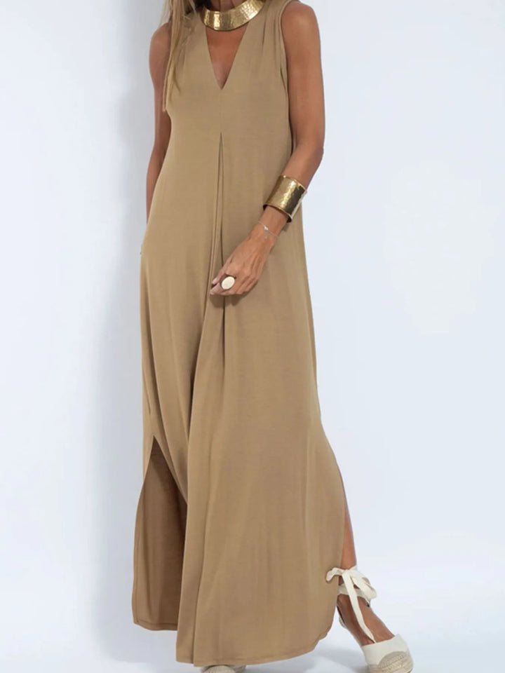 Plus Size Sleeveless Maxi Dress with V-Neck and Side Slit