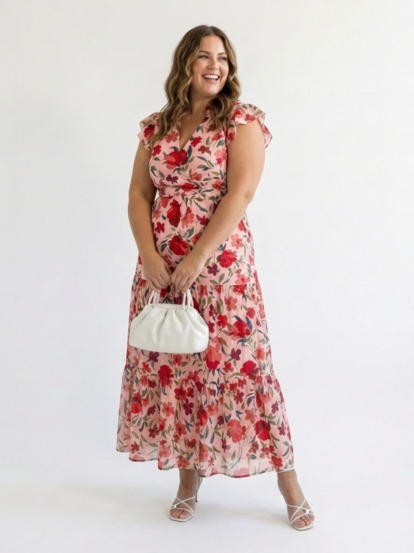 Lila | Tiered Midi Dress with Floral V-Neck Design