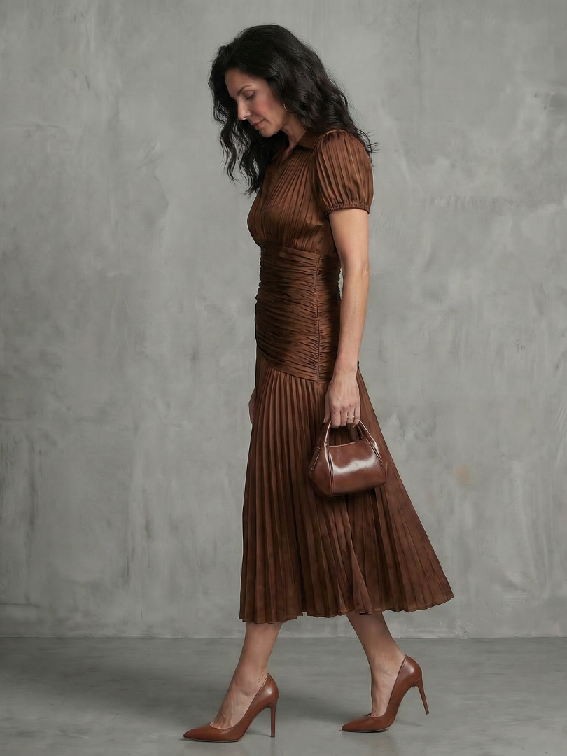 Theodora | Striped Midi Dress with Pleated Waistline