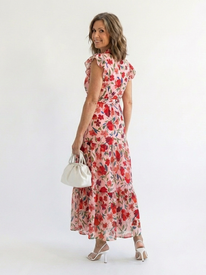 Lila | Tiered Midi Dress with Floral V-Neck Design