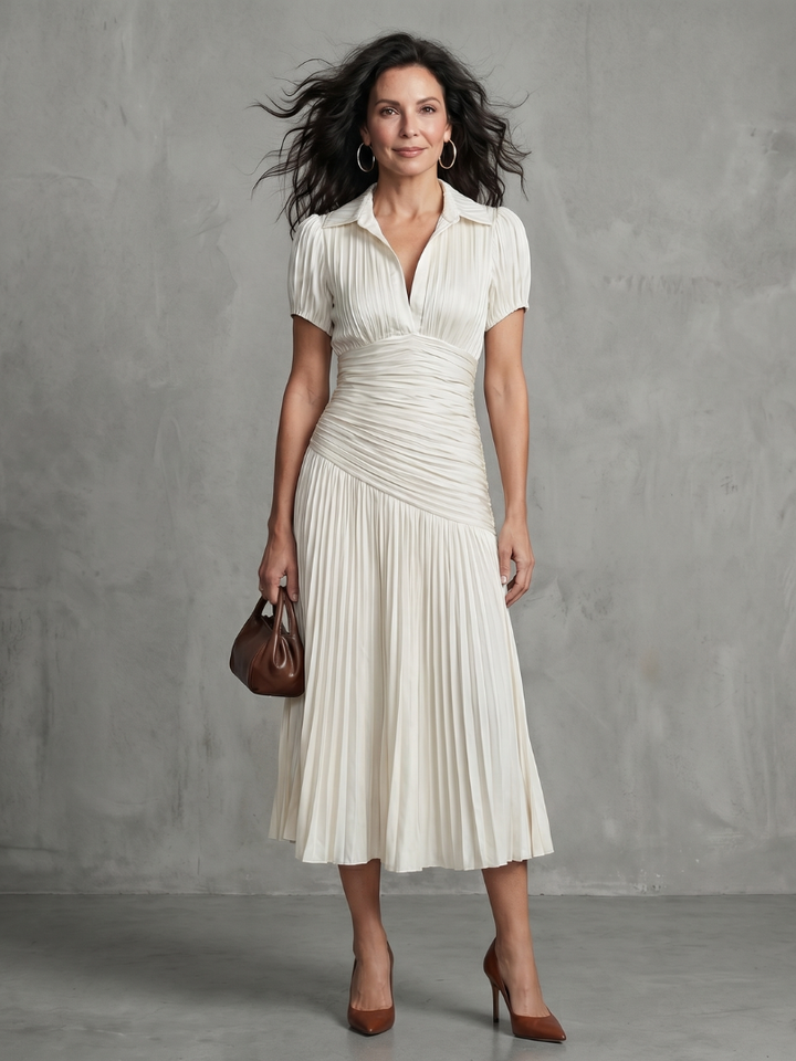 Theodora | Striped Midi Dress with Pleated Waistline