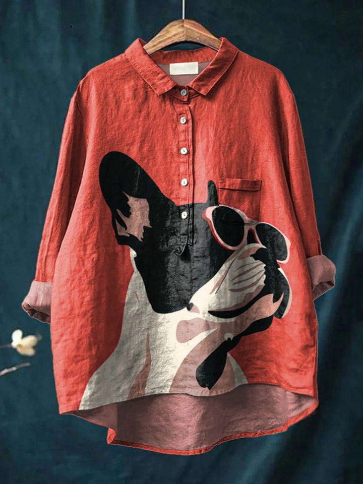 Samantha | Casual Shirt Featuring a Decorative Pattern of a French Bulldog in Sunglasses on a Red Background