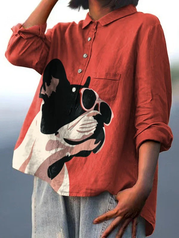 Samantha | Casual Shirt Featuring a Decorative Pattern of a French Bulldog in Sunglasses on a Red Background