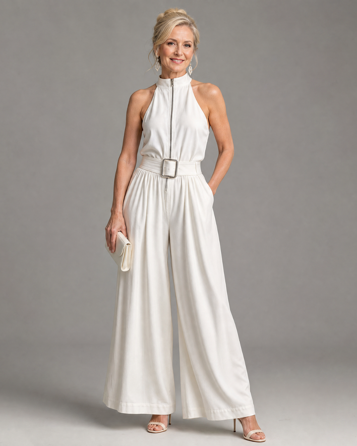Astrielle | Sleeveless Wide Leg Jumpsuit with Belted High Neck