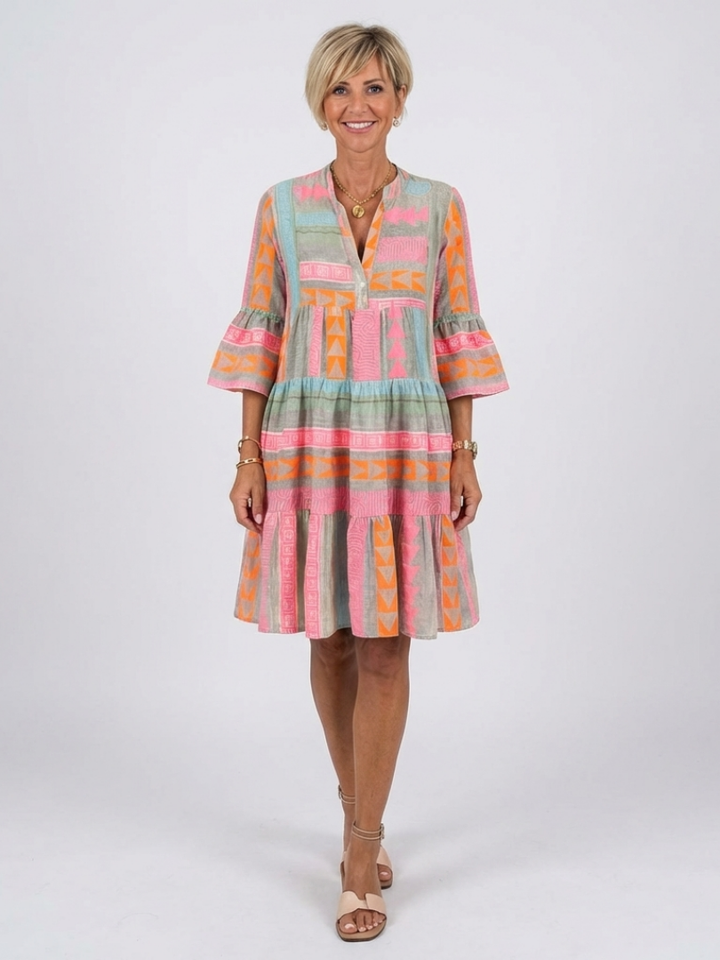 Maelle | V-Neck Tiered Dress with Geometric Print - Knee Length