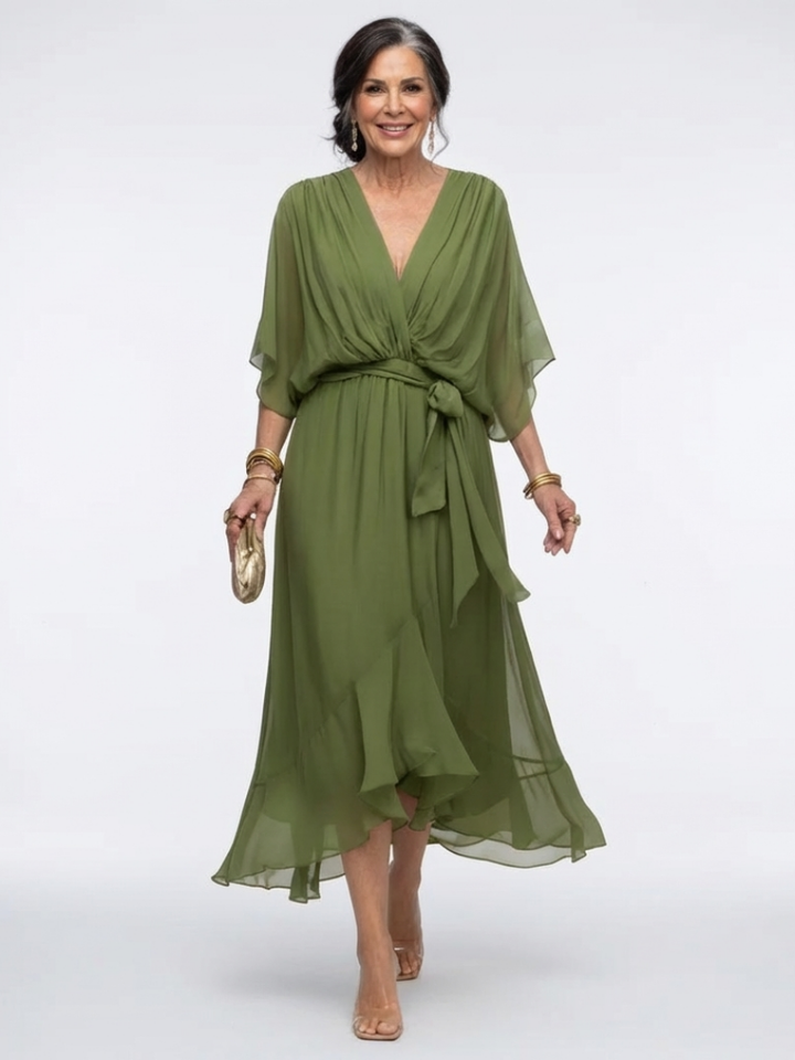 Elysia | Midi Dress with V-Neck and Draped Waist Tie