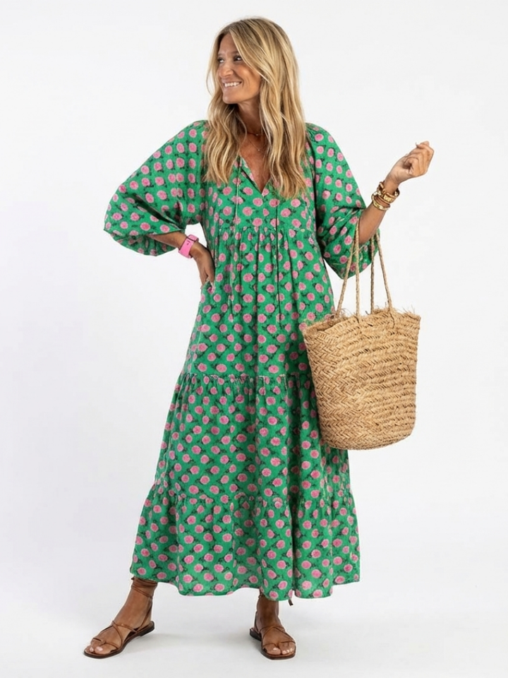 Fiora | V-Neck Midi Dress with Floral Print and Tiered Design