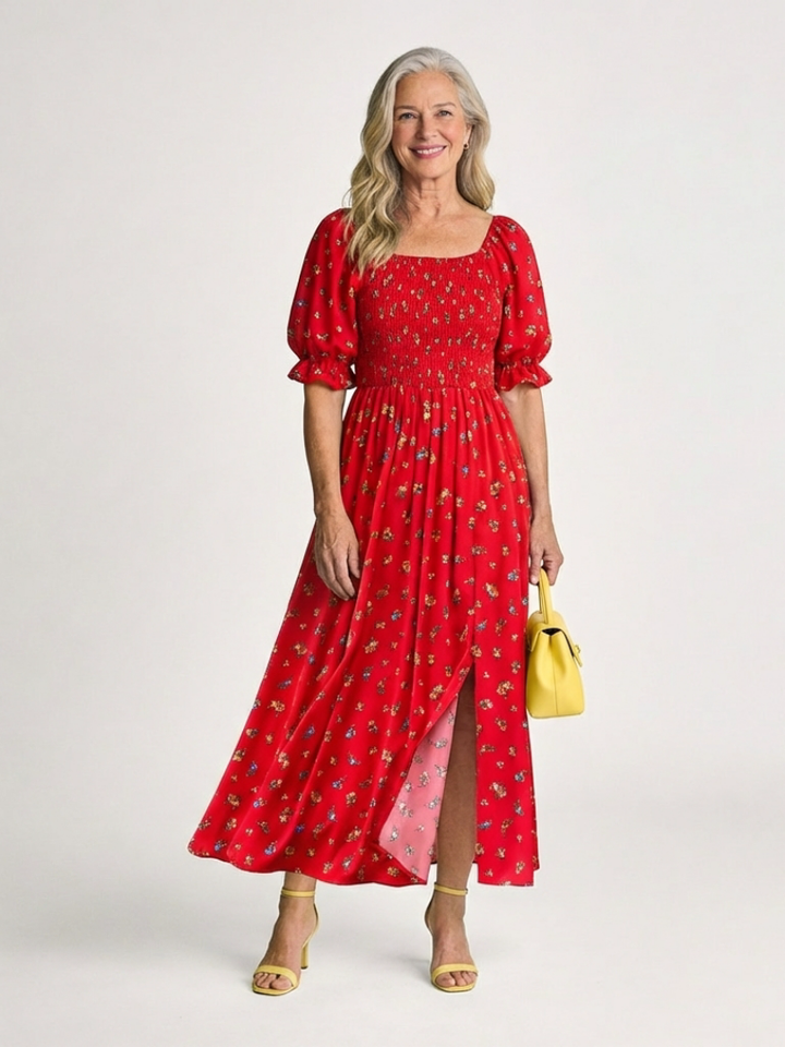 Delphine | Floral Midi Dress with Square Neck and Puff Sleeves