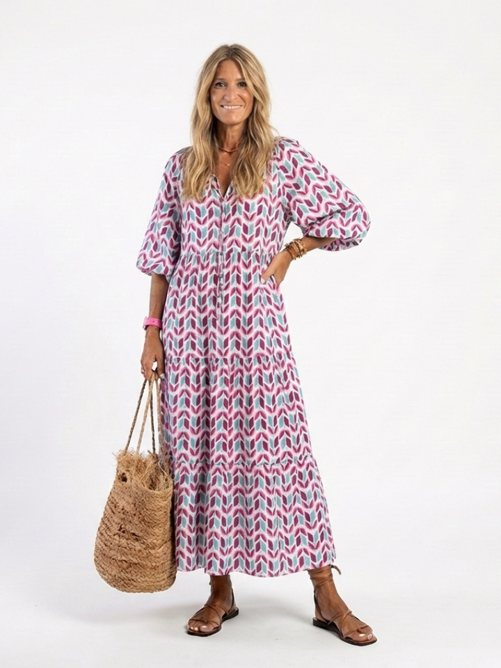 Mireya | Tiered Midi Dress with Geometric Print and Long Sleeves