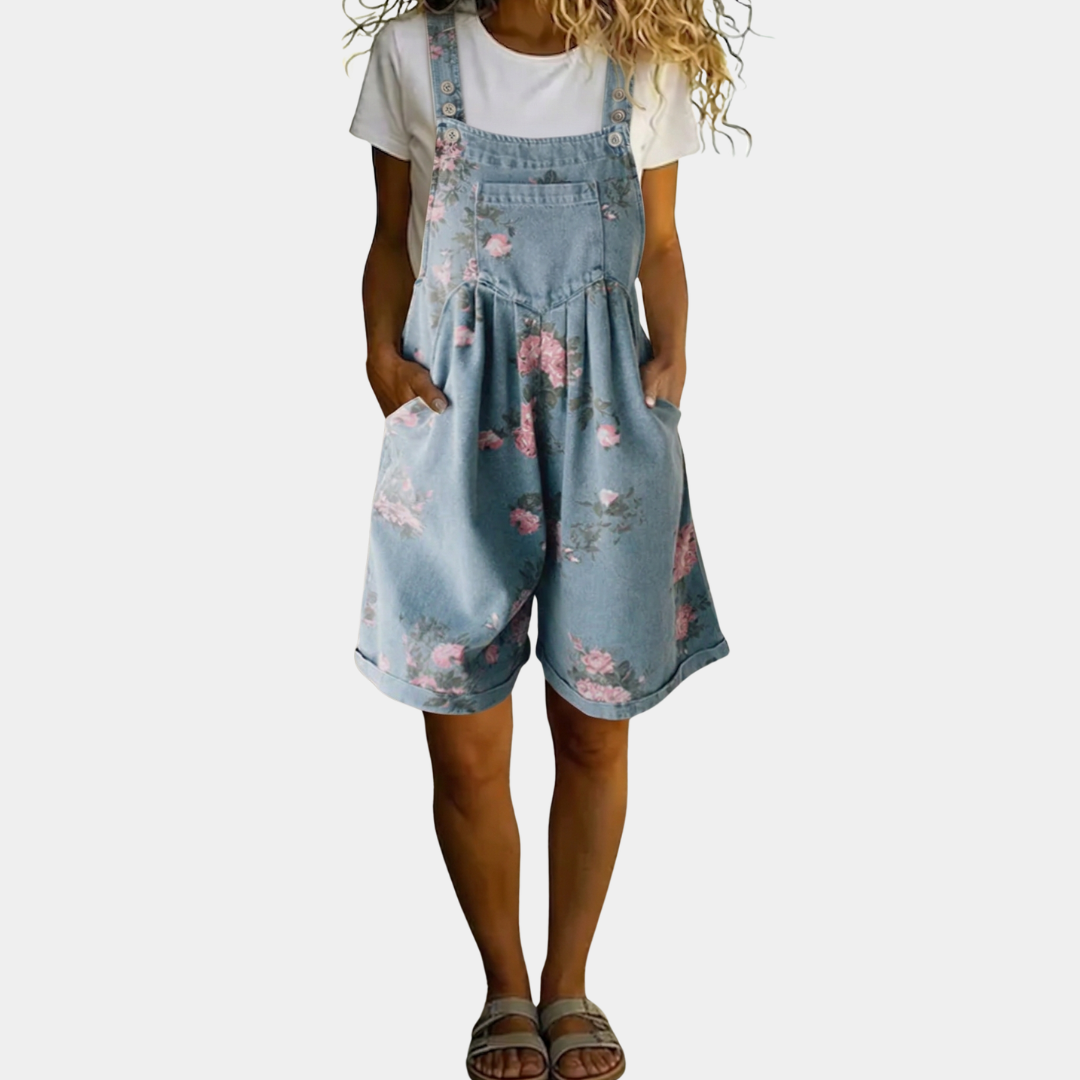 Judy | Soft Cotton-Blend Denim Floral Jumpsuit with Vintage Wash