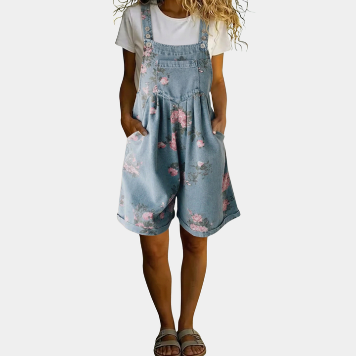 Judy | Soft Cotton-Blend Denim Floral Jumpsuit with Vintage Wash