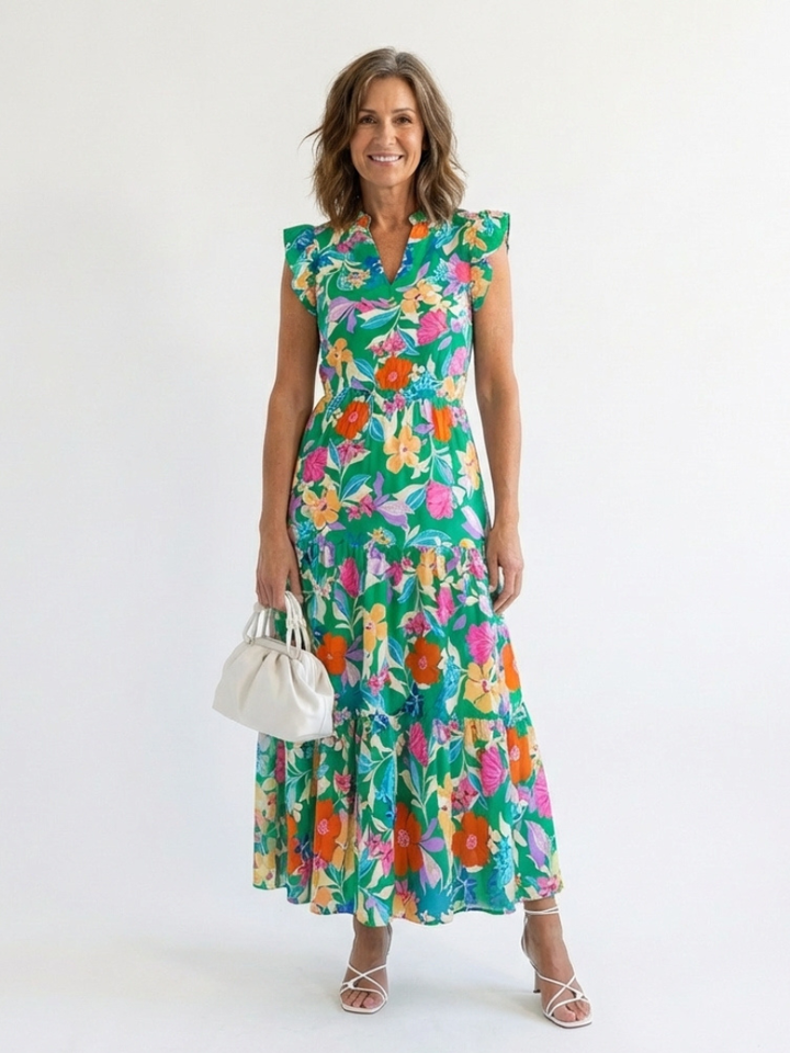 Lila | Tiered Midi Dress with Floral V-Neck Design