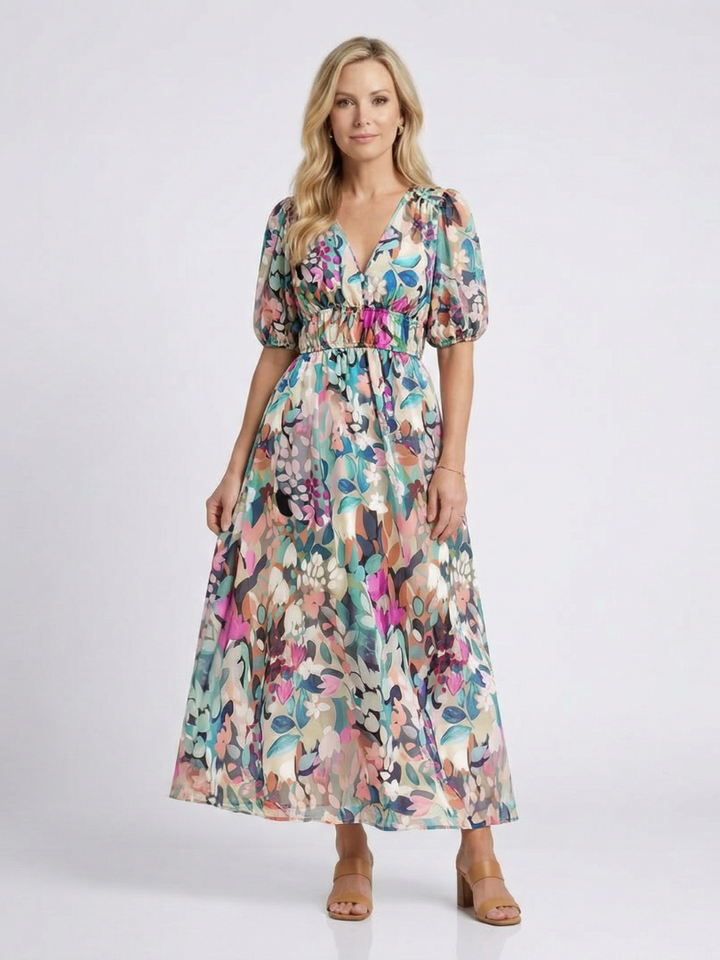 Eulalie | V-Neck Short Sleeve Midi Dress with Gathered Waist