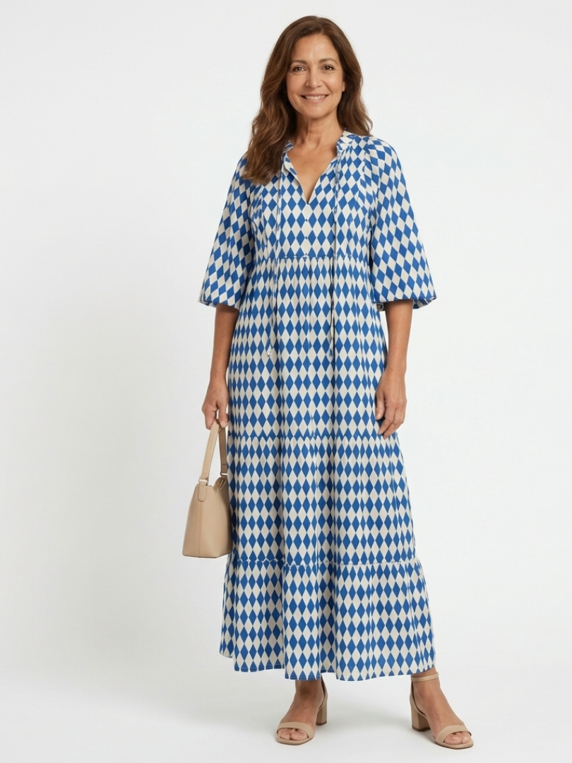 Elodie | Tiered Midi Dress with Diamond Print