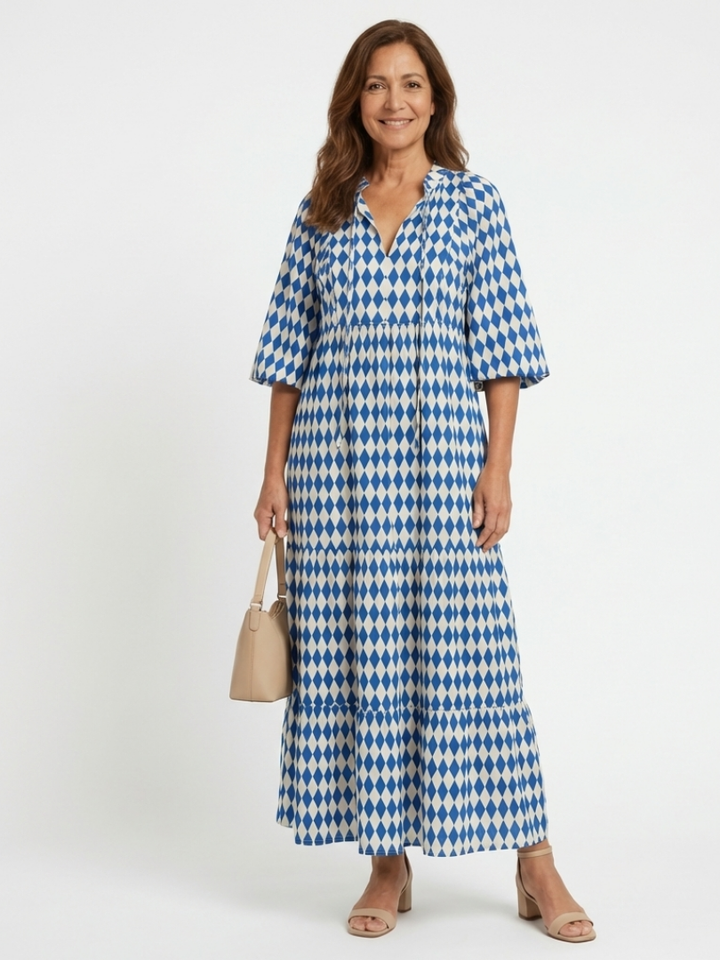 Elodie | Tiered Midi Dress with Diamond Print