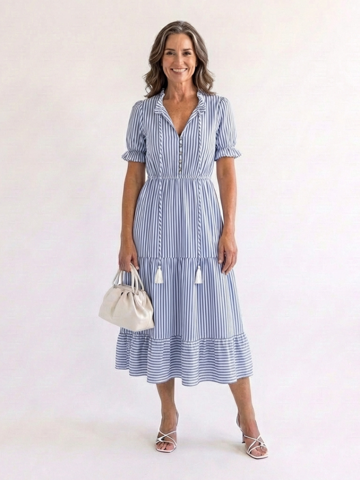 Dakota | Striped Tiered Midi Dress with Short Sleeves