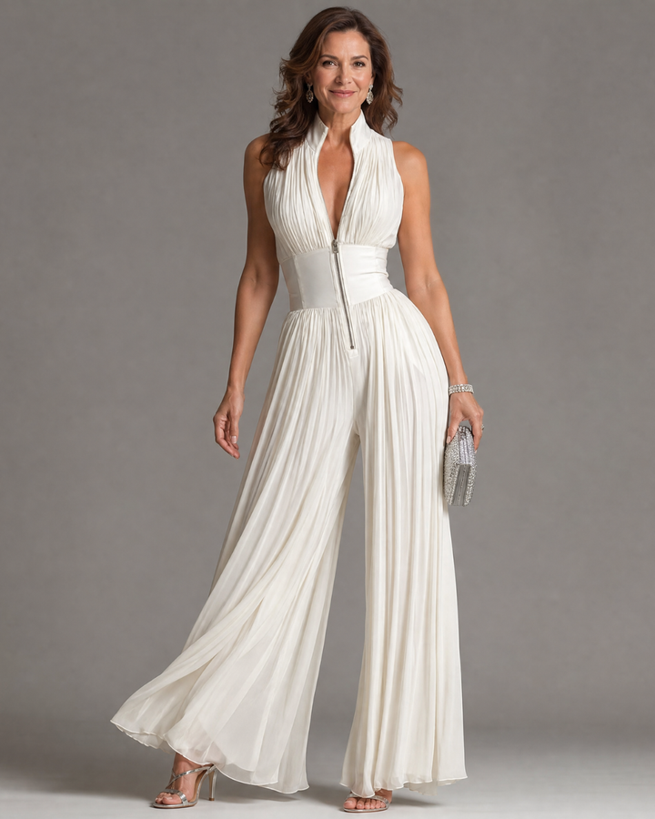 Zakira | Halter Neck Pleated Wide Leg Jumpsuit