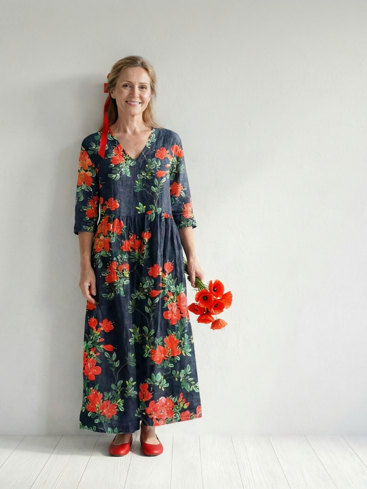 Cyrus | Serene Floral Midi Dress with Flowing Drape