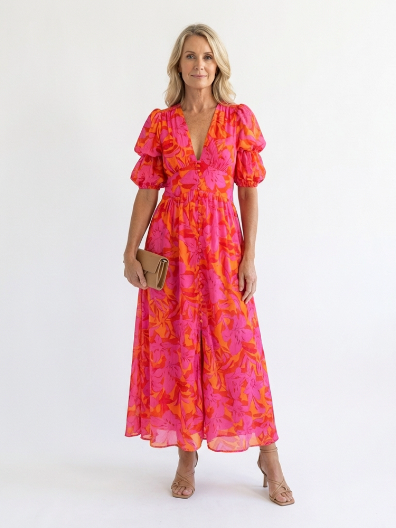 Stella & Grace™ | Floral V-Neck Midi Dress with Puff Sleeves