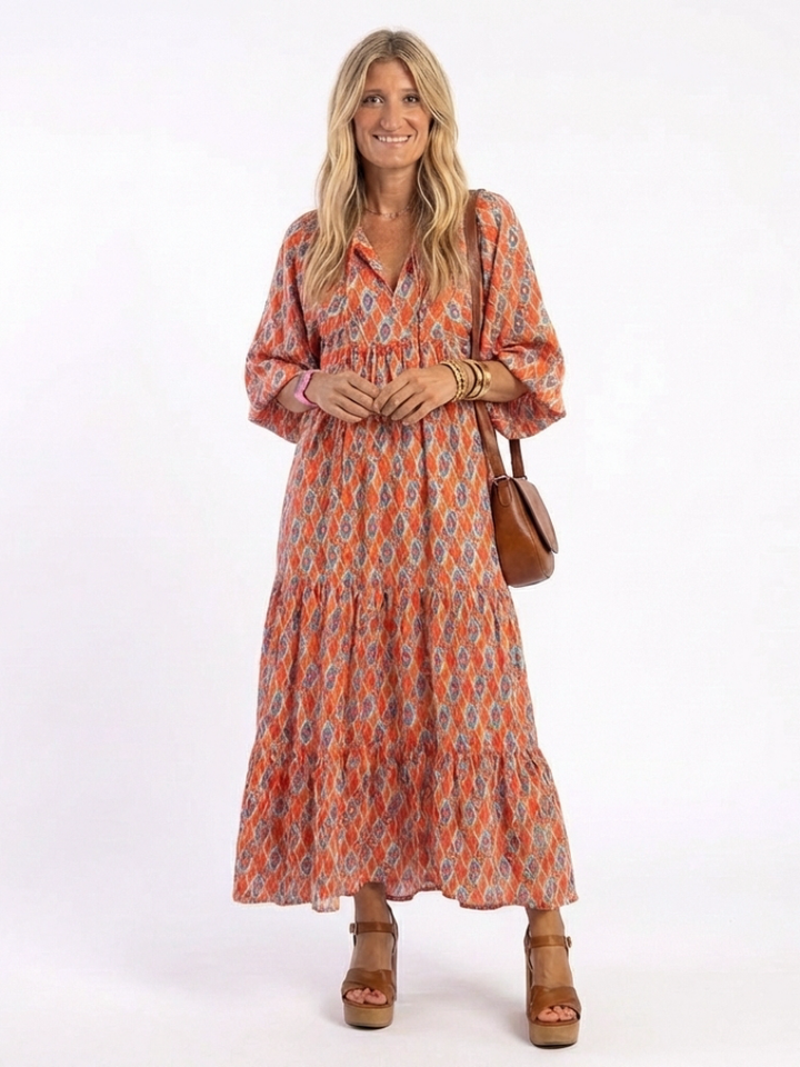 Amara | V-Neck Tiered Midi Dress with Geometric Print