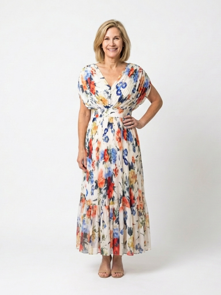 Savannah | Floral Midi Dress with Short Sleeves and Pleated Design