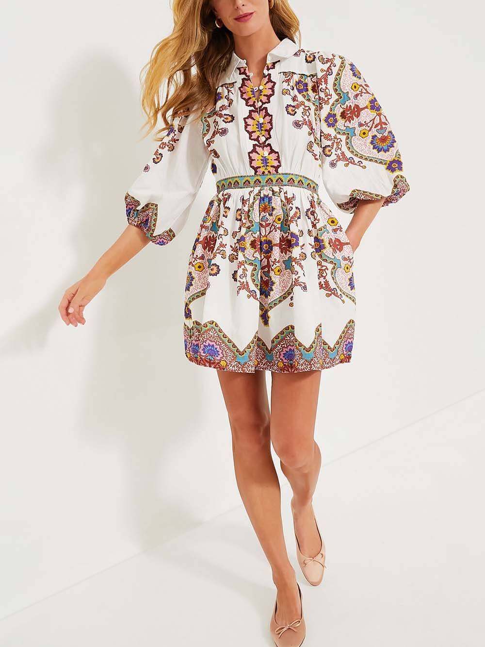 Jenny - Puff Sleeve Pocketed Shirt Mini Dress