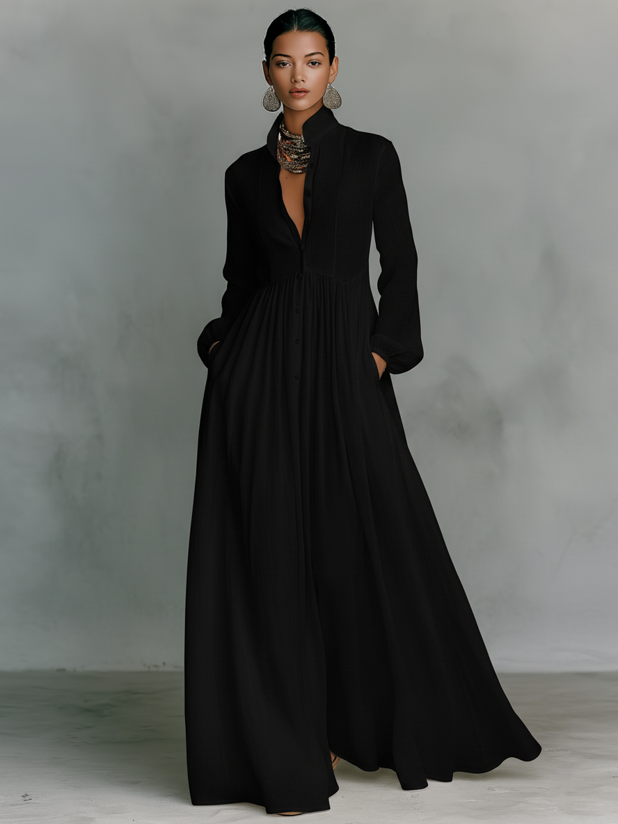 ESSENTIAL - Cotton & Linen Maxi Minimalist Dress with Patchwork, High Collar, and Long Sleeves