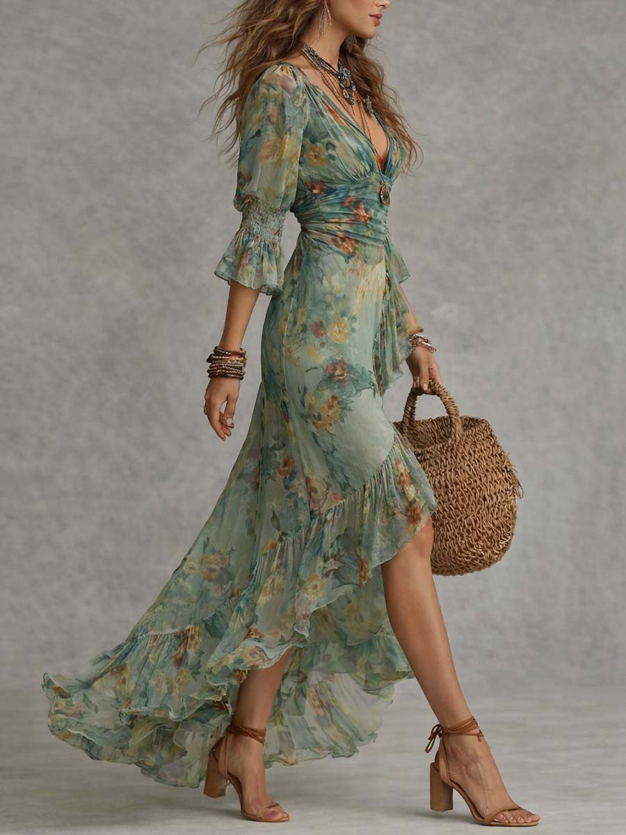 Aurora – Bohemian Floral Maxi Dress with Elegant Asymmetrical Hem