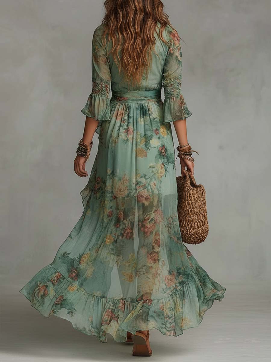 Aurora – Bohemian Floral Maxi Dress with Elegant Asymmetrical Hem