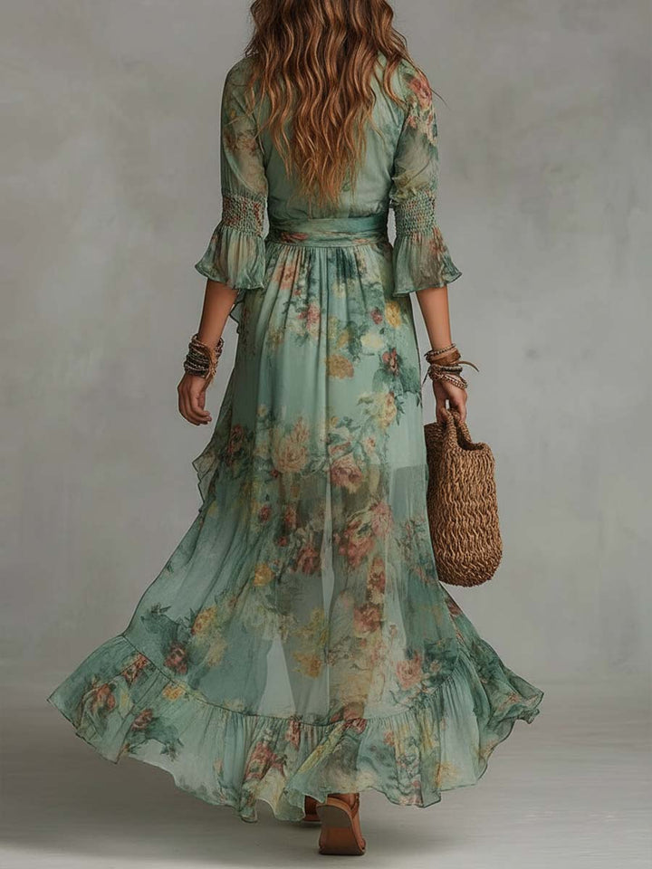 Aurora – Bohemian Floral Maxi Dress with Elegant Asymmetrical Hem
