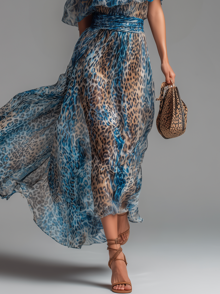 🔥 Selvaggia – Off-Shoulder Chiffon Maxi Dress with Leopard Print