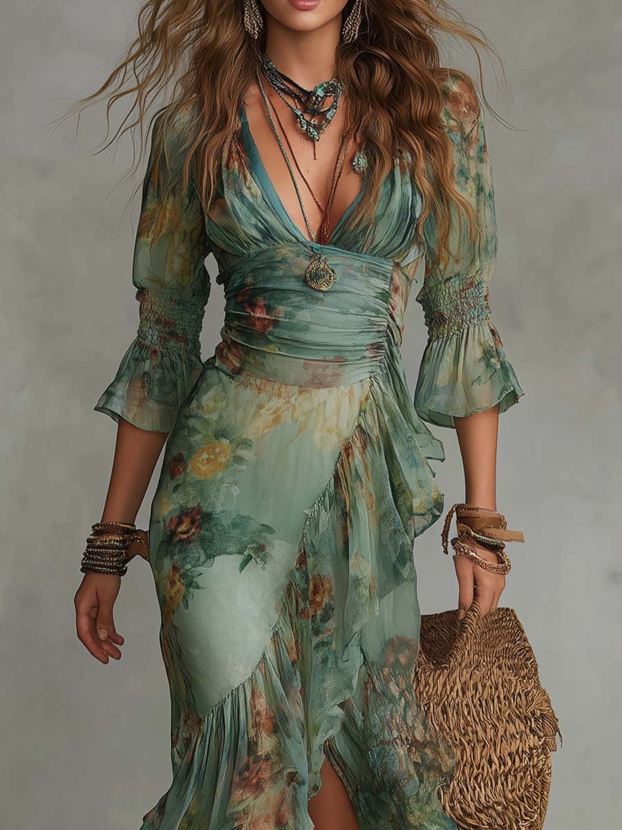 Aurora – Bohemian Floral Maxi Dress with Elegant Asymmetrical Hem