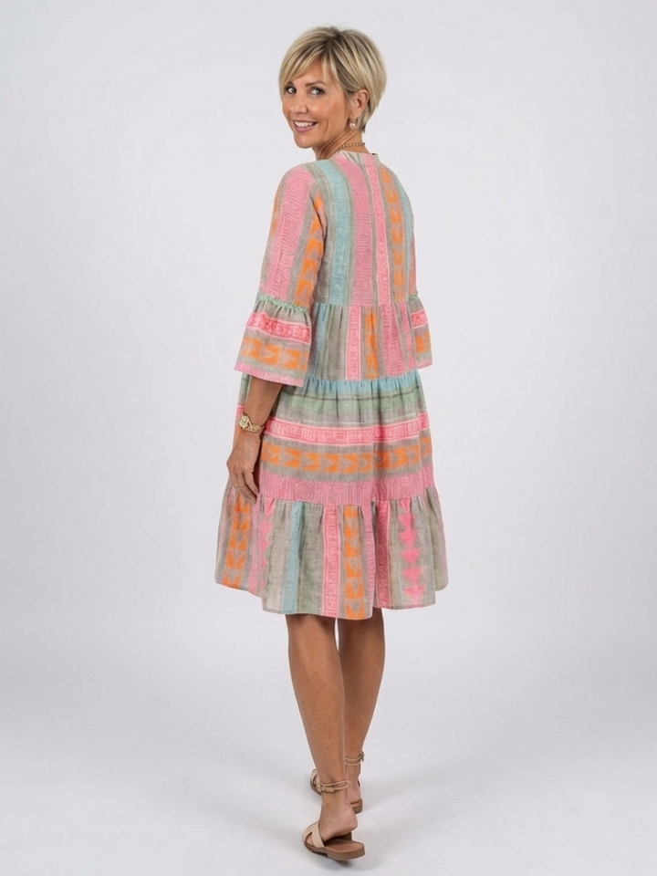 Maelle | V-Neck Tiered Dress with Geometric Print - Knee Length