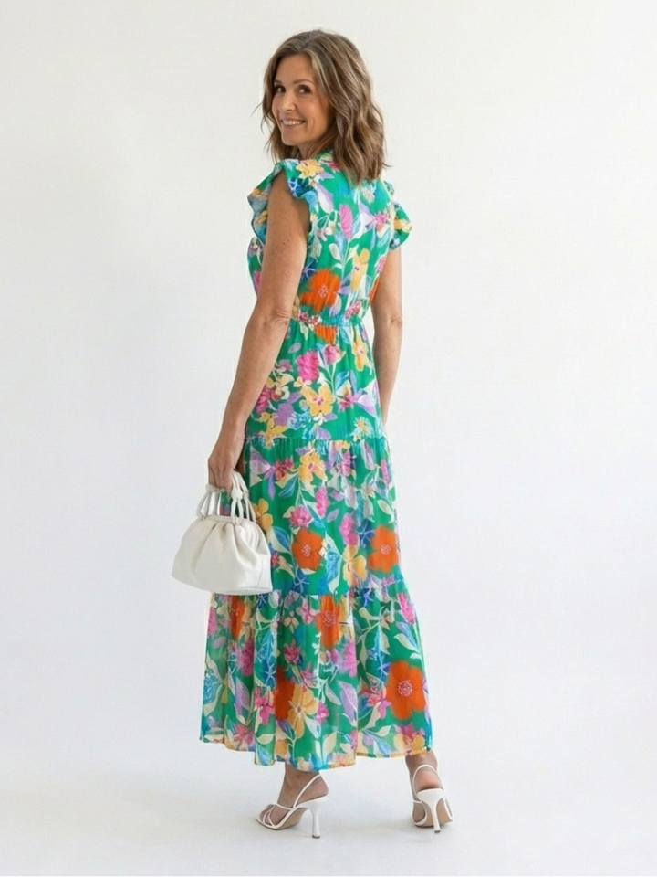 Lila | Tiered Midi Dress with Floral V-Neck Design