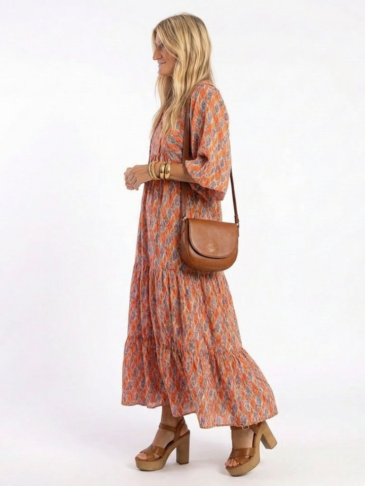 Amara | V-Neck Tiered Midi Dress with Geometric Print