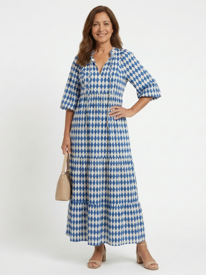 Elodie | Tiered Midi Dress with Diamond Print