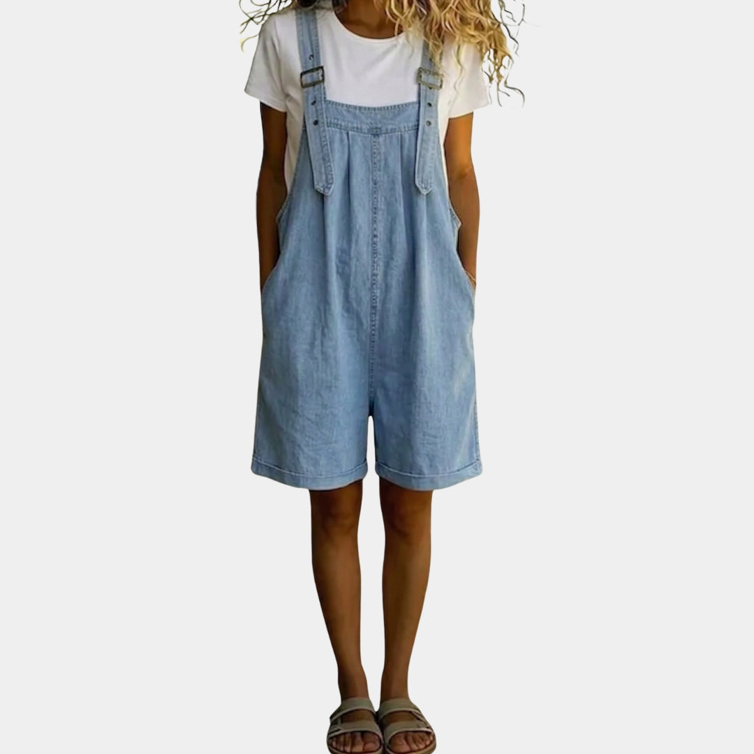 Clara | Light Blue Vintage Washed Denim Short Overalls with Soft Cotton Feel