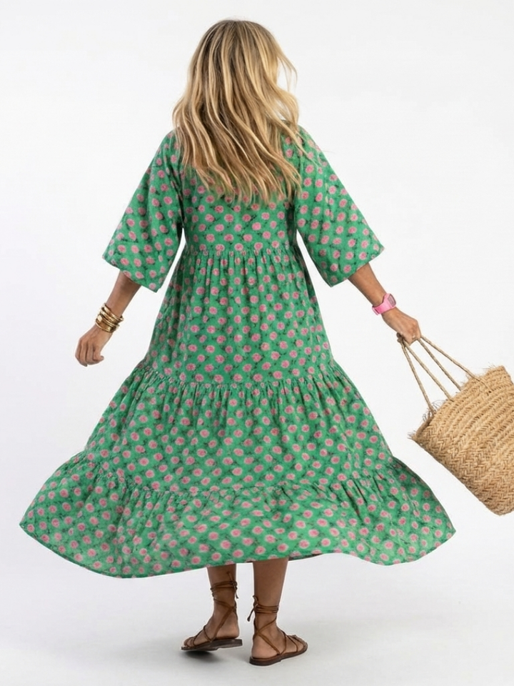 Fiora | V-Neck Midi Dress with Floral Print and Tiered Design