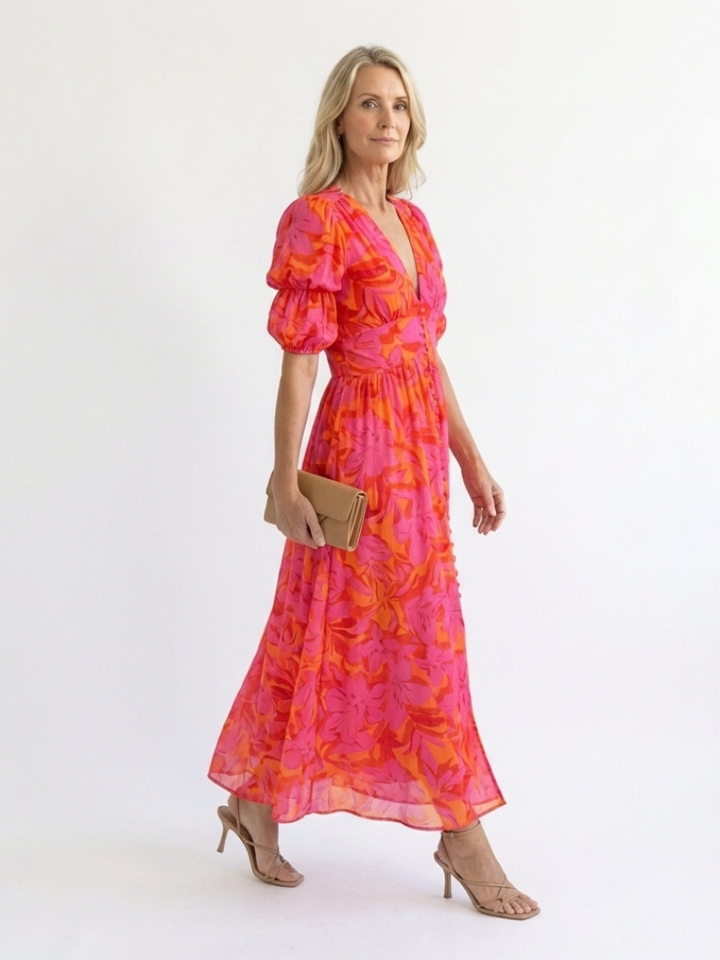 Willow | Midi Dress with Floral Print and V-Neck Puff Sleeves