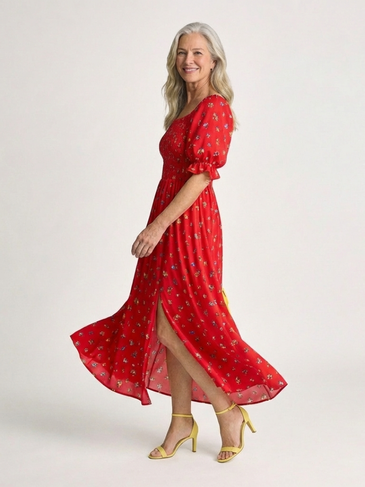 Delphine | Floral Midi Dress with Square Neck and Puff Sleeves