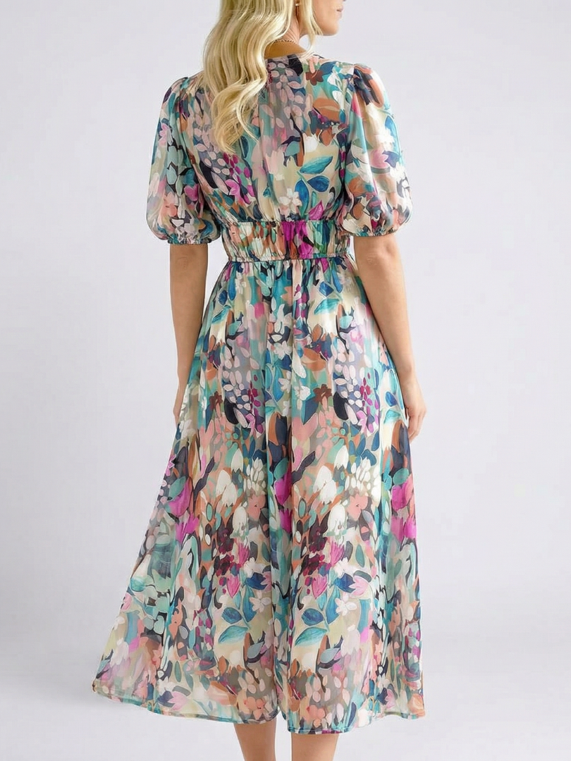 Eulalie | V-Neck Short Sleeve Midi Dress with Gathered Waist