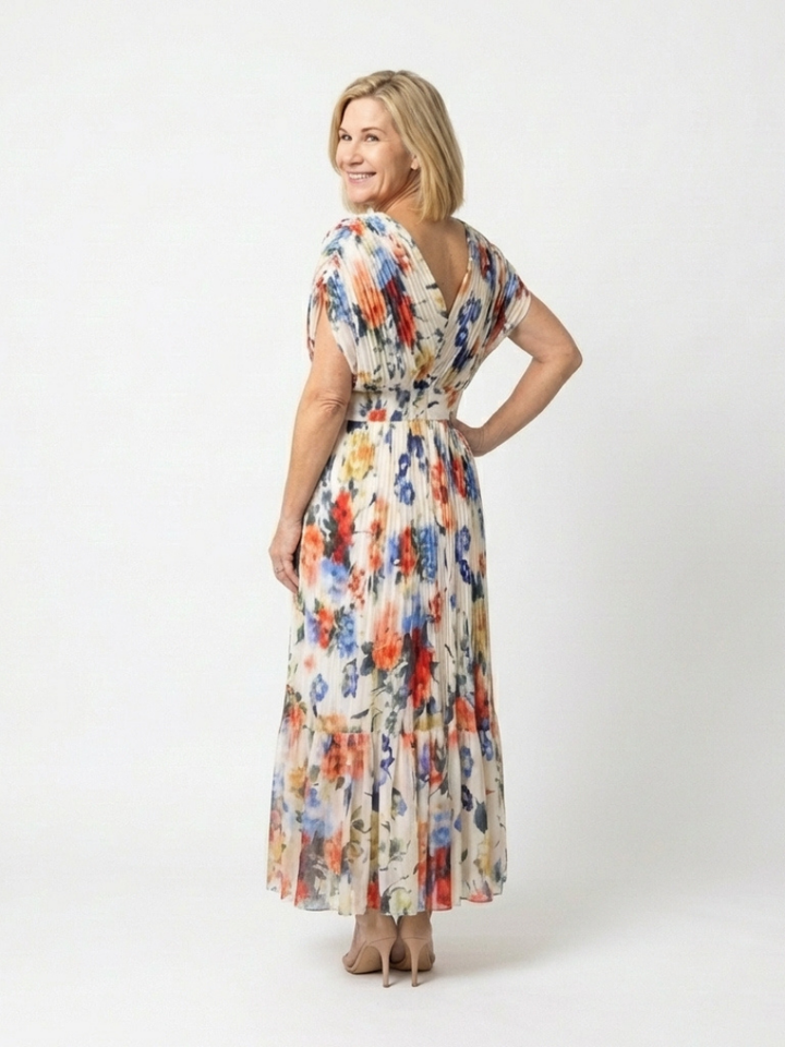 Savannah | Floral Midi Dress with Short Sleeves and Pleated Design