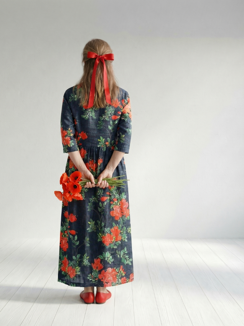 Cyrus | Serene Floral Midi Dress with Flowing Drape