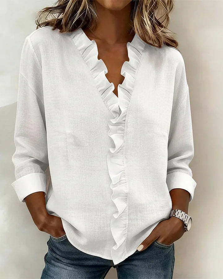 Indie Ruffled Blouse with V-Neck and Long Sleeves