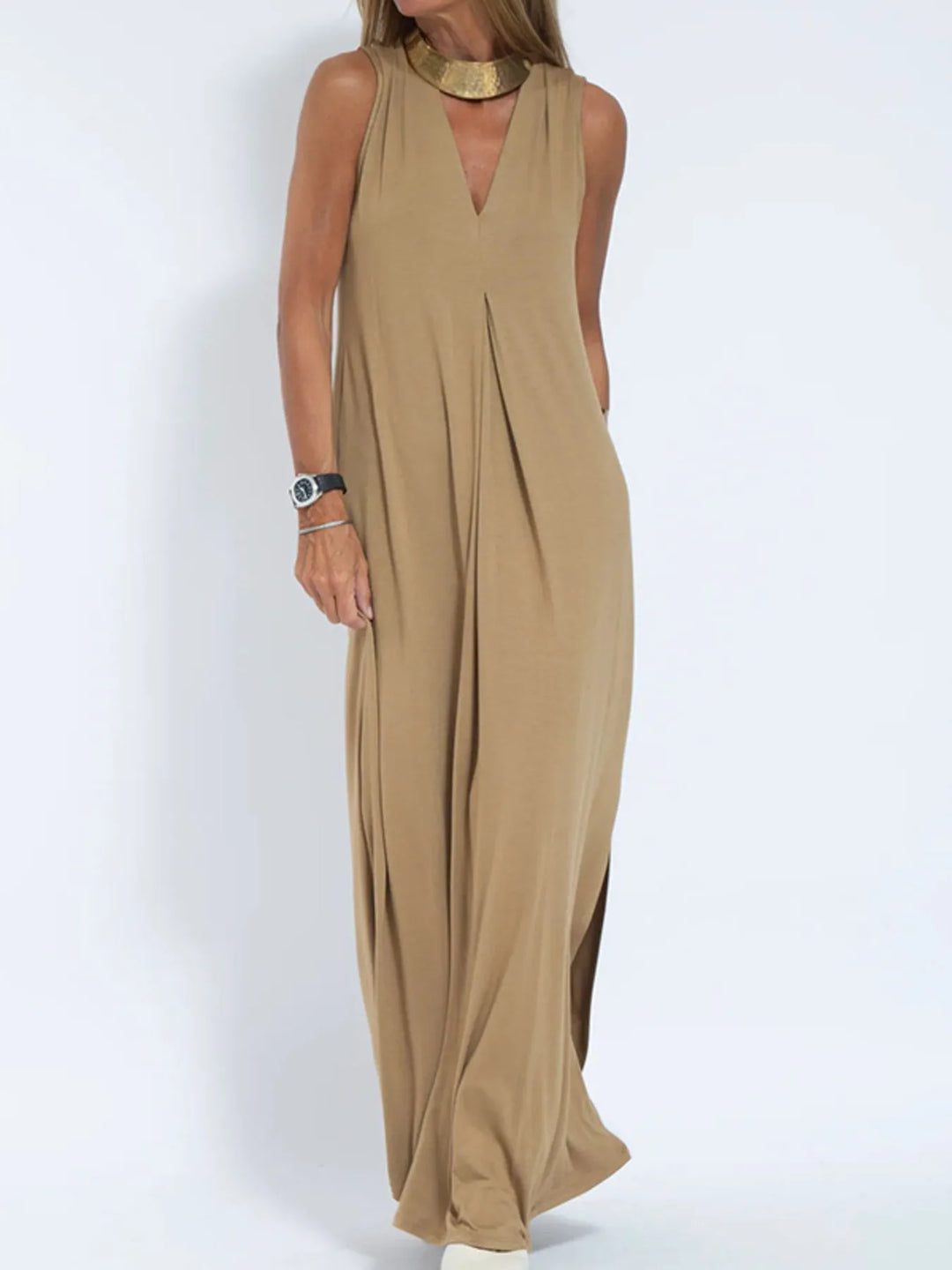 Plus Size Sleeveless Maxi Dress with V-Neck and Side Slit