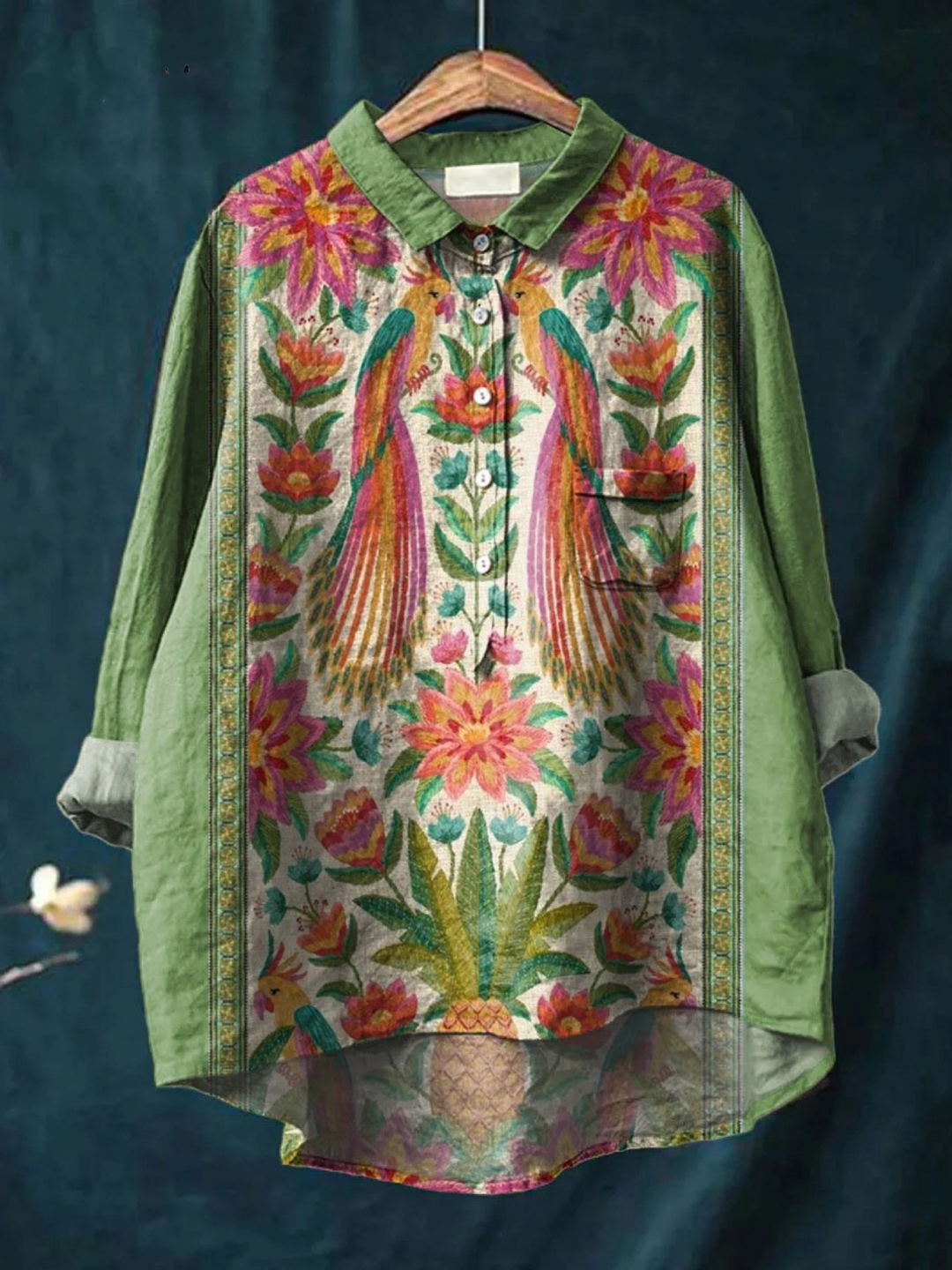 Emerson | Women's Vintage Floral Bird Art Print Casual Shirt