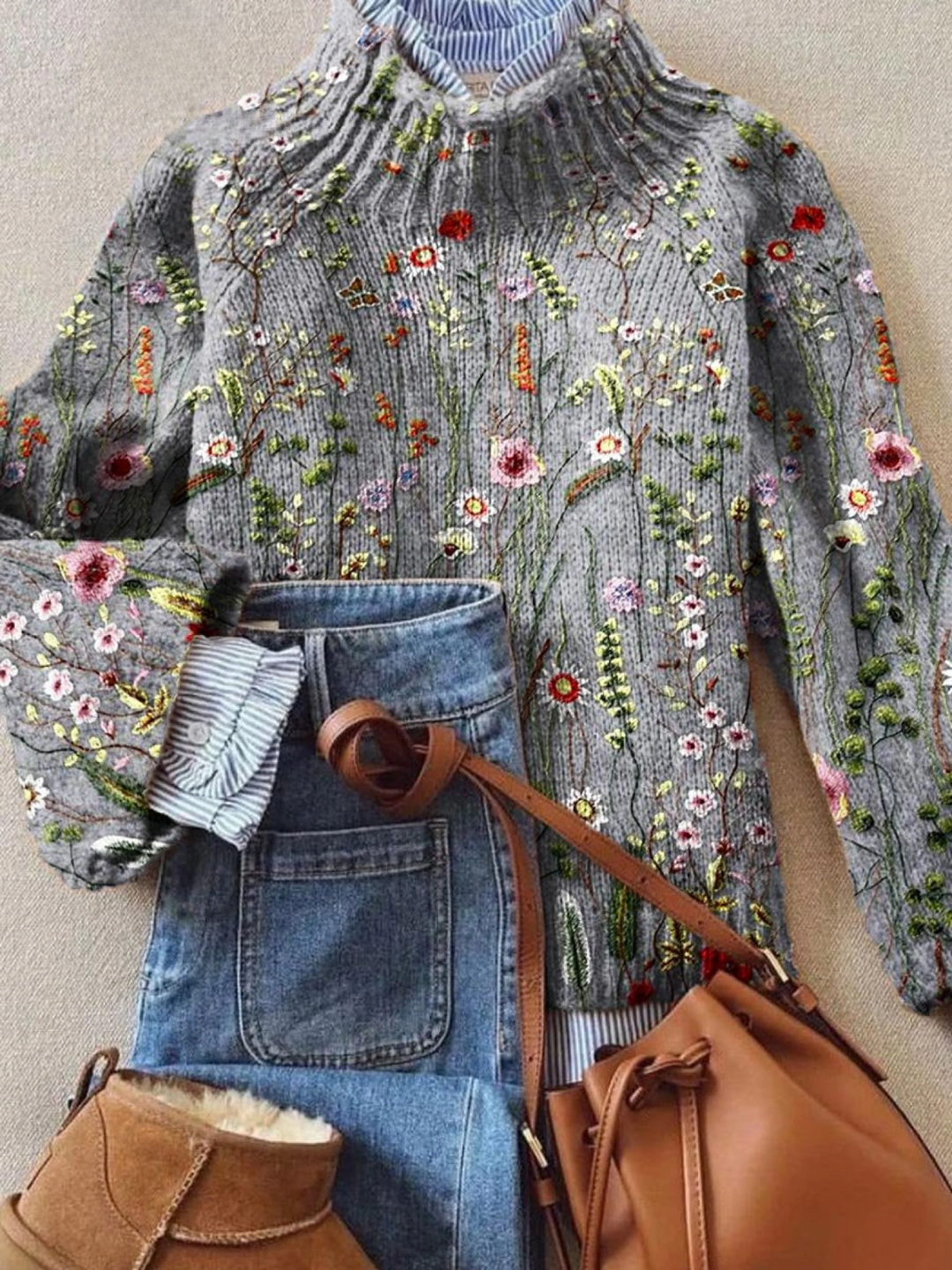 Women's Vintage Floral Art Print Knit Turtleneck Sweater