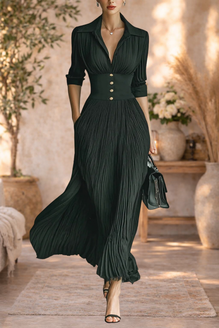 Alexandra | Pleated Button-Front Maxi Dress